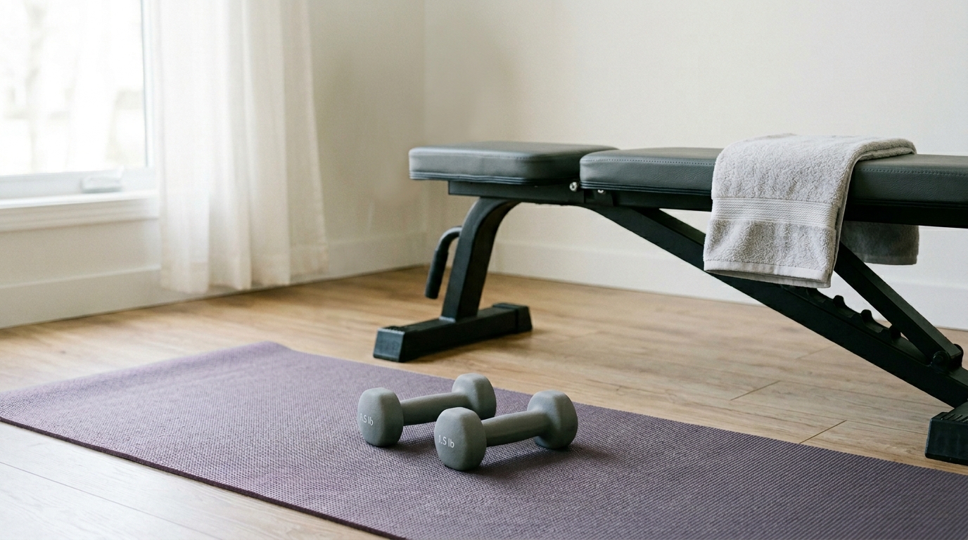Home cardio boxing equipment with light dumbbells, a step, exercise mat, and towel.
