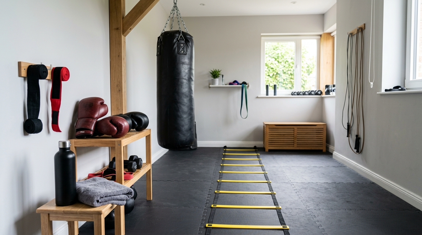 Home boxing workout setup with a heavy bag, boxing gloves, hand wraps, and an agility ladder