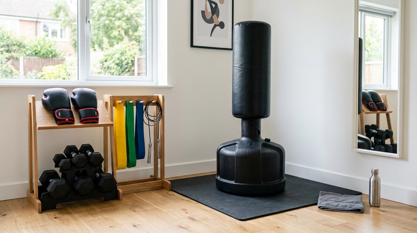 Home kickboxing workout setup with a punching bag, gloves, dumbbells, jump rope, and resistance bands.