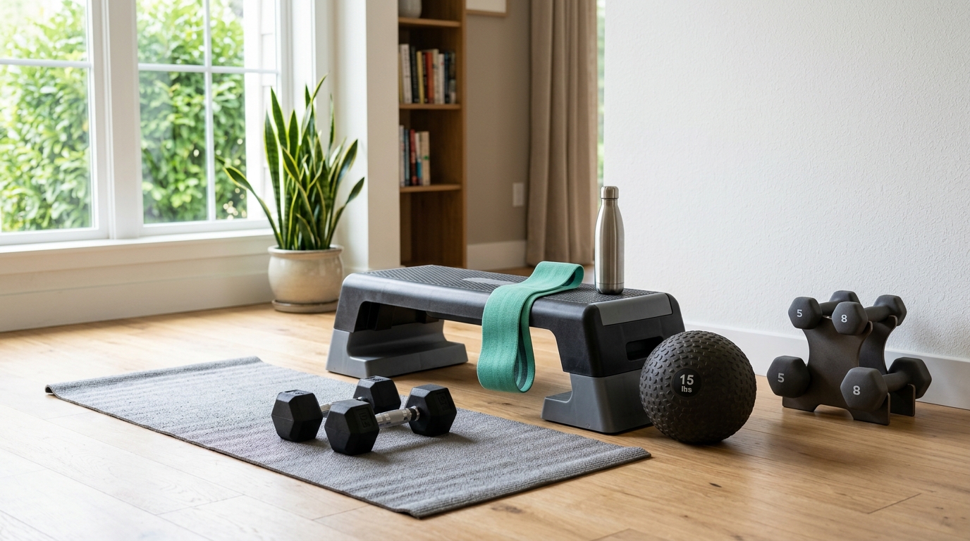 : Home leg workout equipment including dumbbells, mat, booty band, slam ball, and bench.