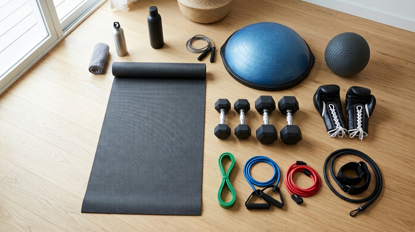 Home workout equipment including resistance bands, dumbbells, a slam ball, a mat, and boxing gloves