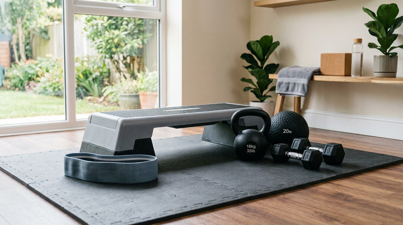 Home workout equipment for an inner thigh workout including dumbbells, kettlebell, slam ball, resistance band, and step bench.