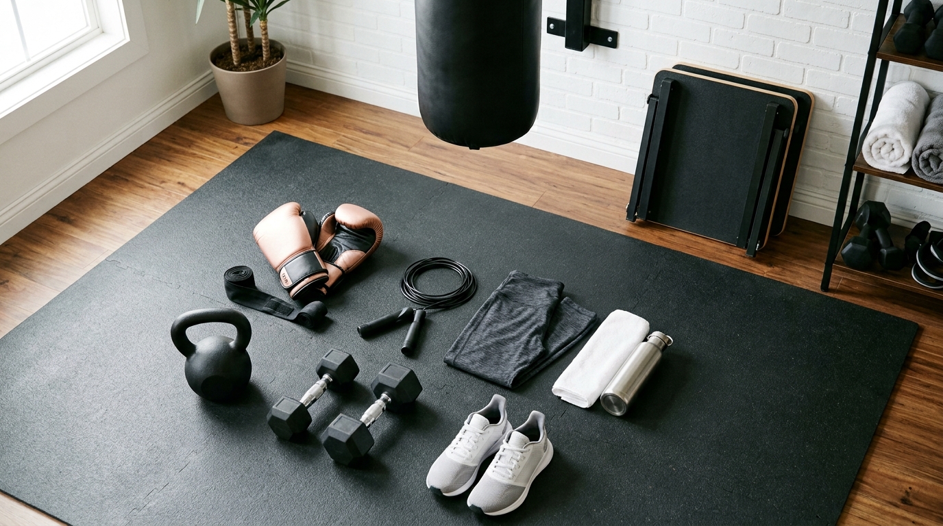 Home workout equipment including dumbbells, a kettlebell, boxing gloves, hand wraps, a jump rope, and a bench