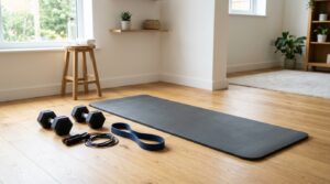 Home workout equipment including dumbbells, a jump rope, resistance band, and mat arranged for a total body HIIT workout.
