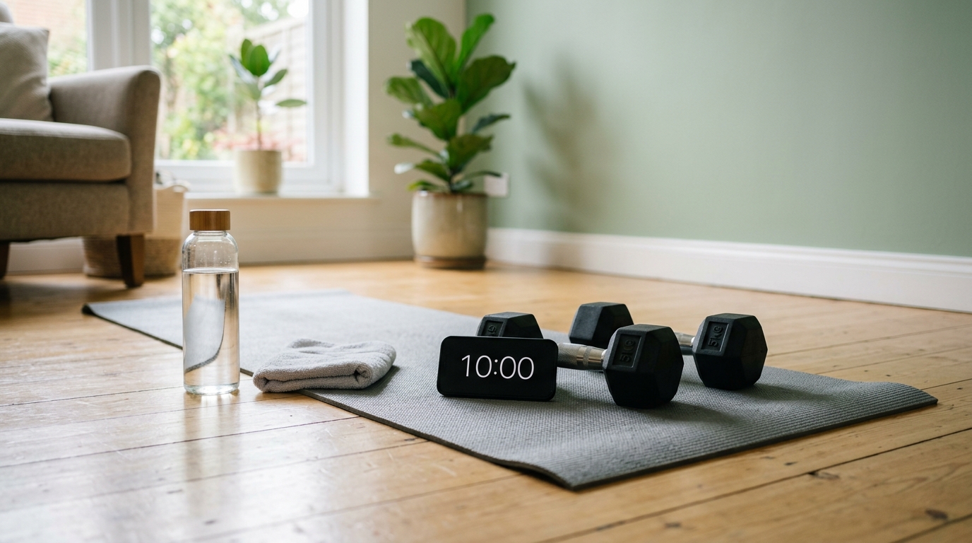 Home workout setup with dumbbells, mat, water bottle, and timer for a 10-minute workout.