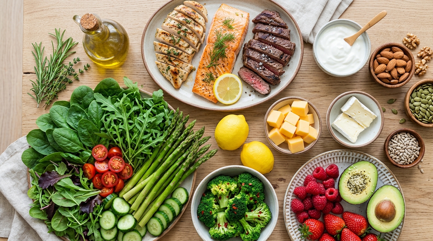 : Keto-friendly foods including vegetables, healthy fats, protein sources, berries, nuts, seeds, and olive oil.