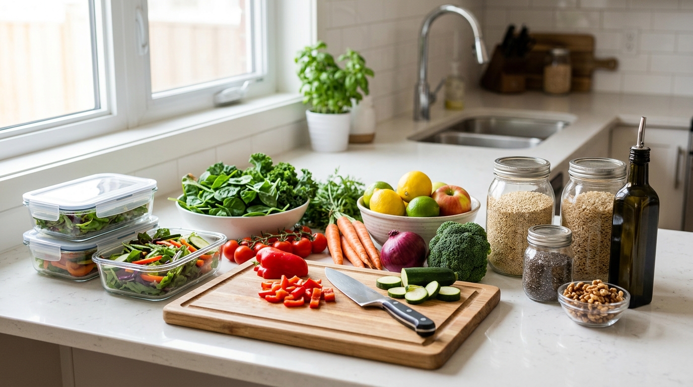 Clean kitchen counter with healthy foods and pantry items prepared for a fitness-focused lifestyle