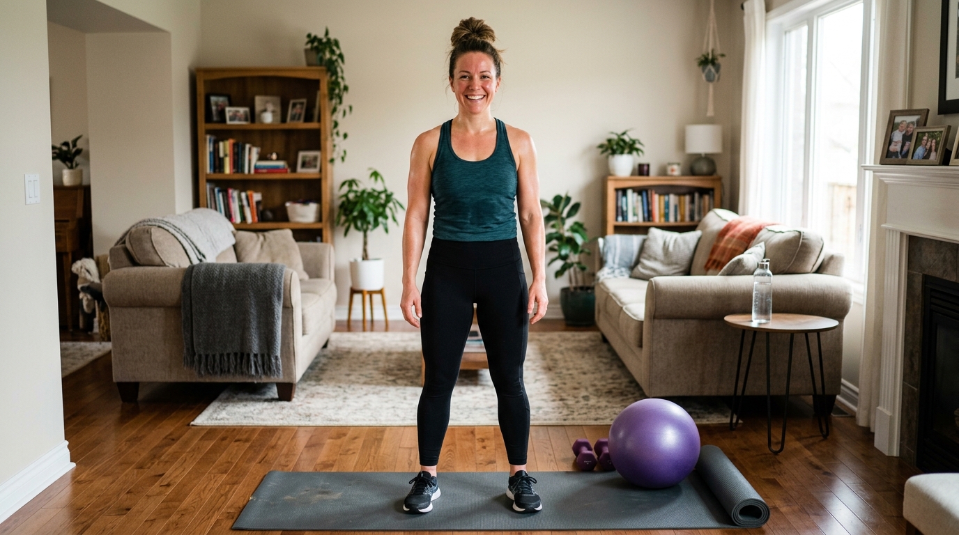 : Busy mom standing confidently after finishing a home leg workout.
