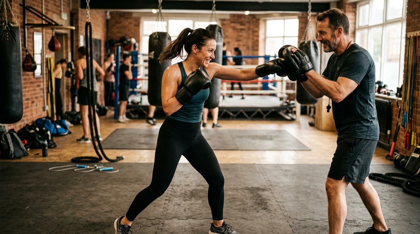 Forty-year-old mom practicing boxing punches in a gym with a coach nearby.