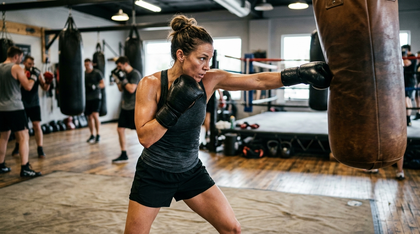 : Forty-year-old mom showing improved boxing form and stronger punches after months of training.
