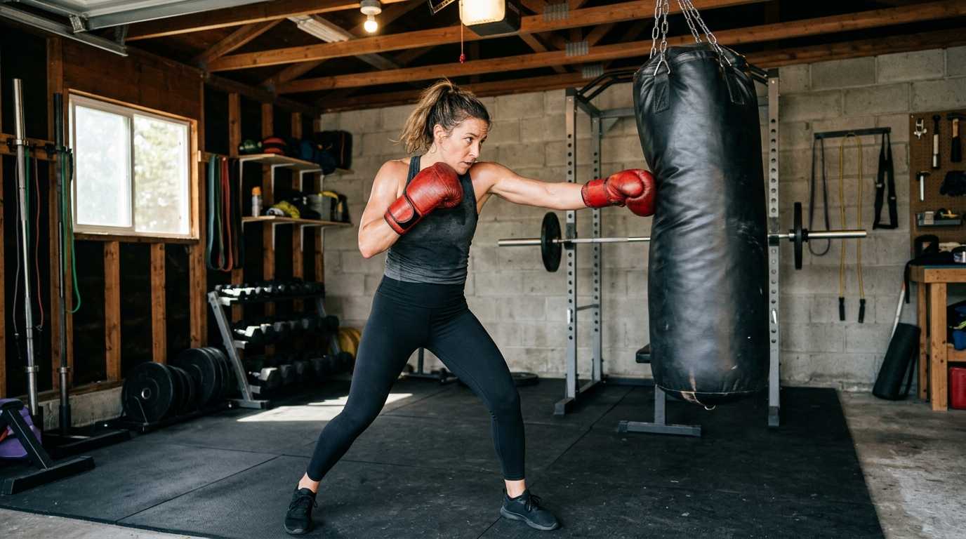 Busy mom training with a heavy bag at home while learning boxing and improving fitness.