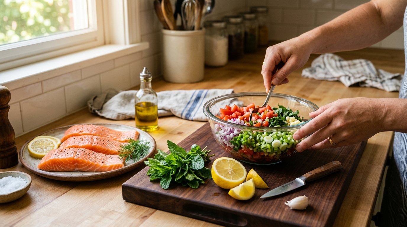 : Salmon fillets with tomatoes, mint, onion, jalapeno, garlic, and lemon prepared for a minted salsa salmon recipe.