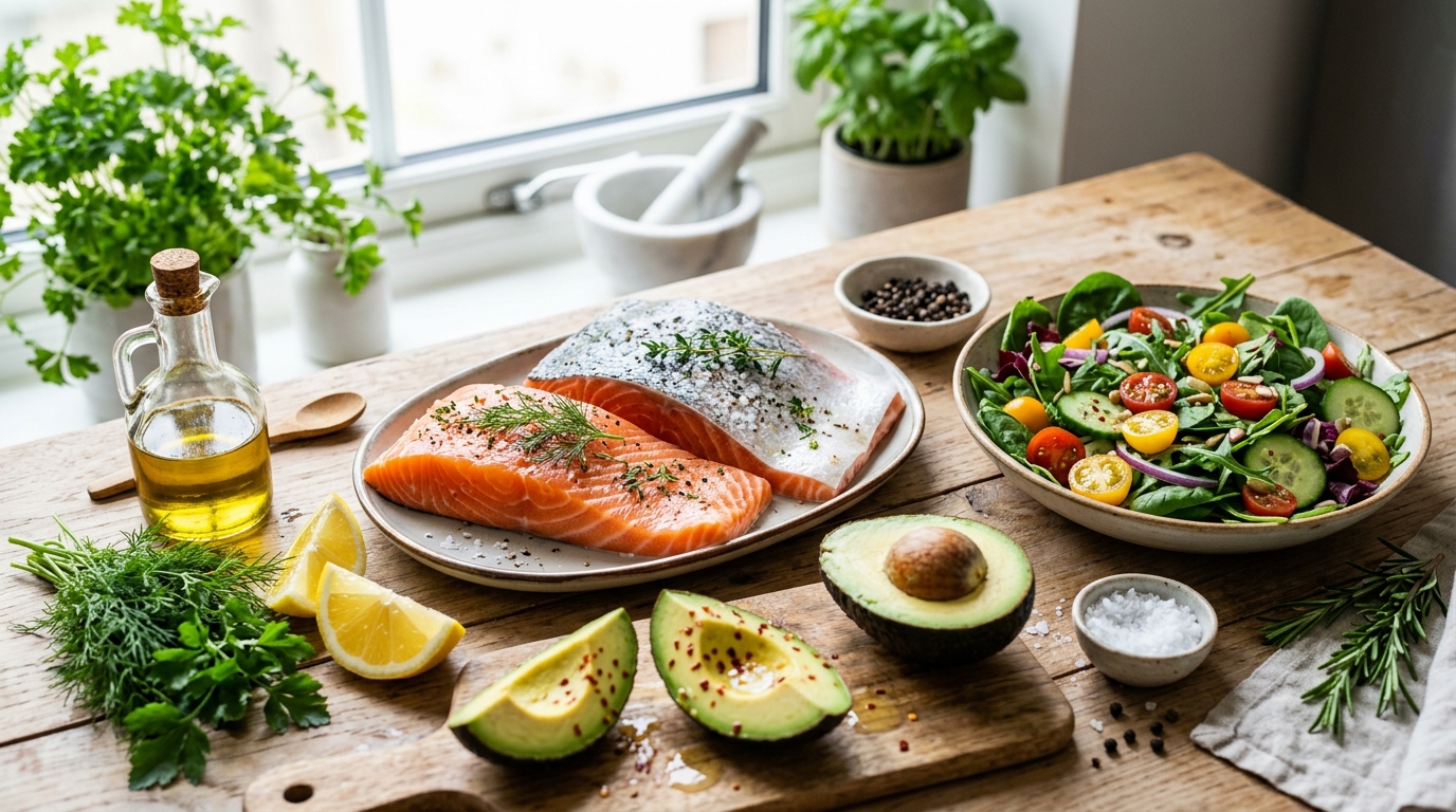 Fresh salmon fillets with lemon, herbs, greens, and healthy ingredients for a nutrient-dense fitness meal.