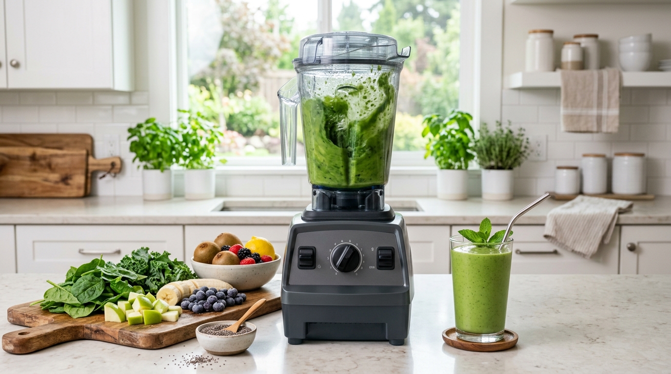 Vitamix blender making a healthy smoothie with fruit and greens in a bright kitchen.