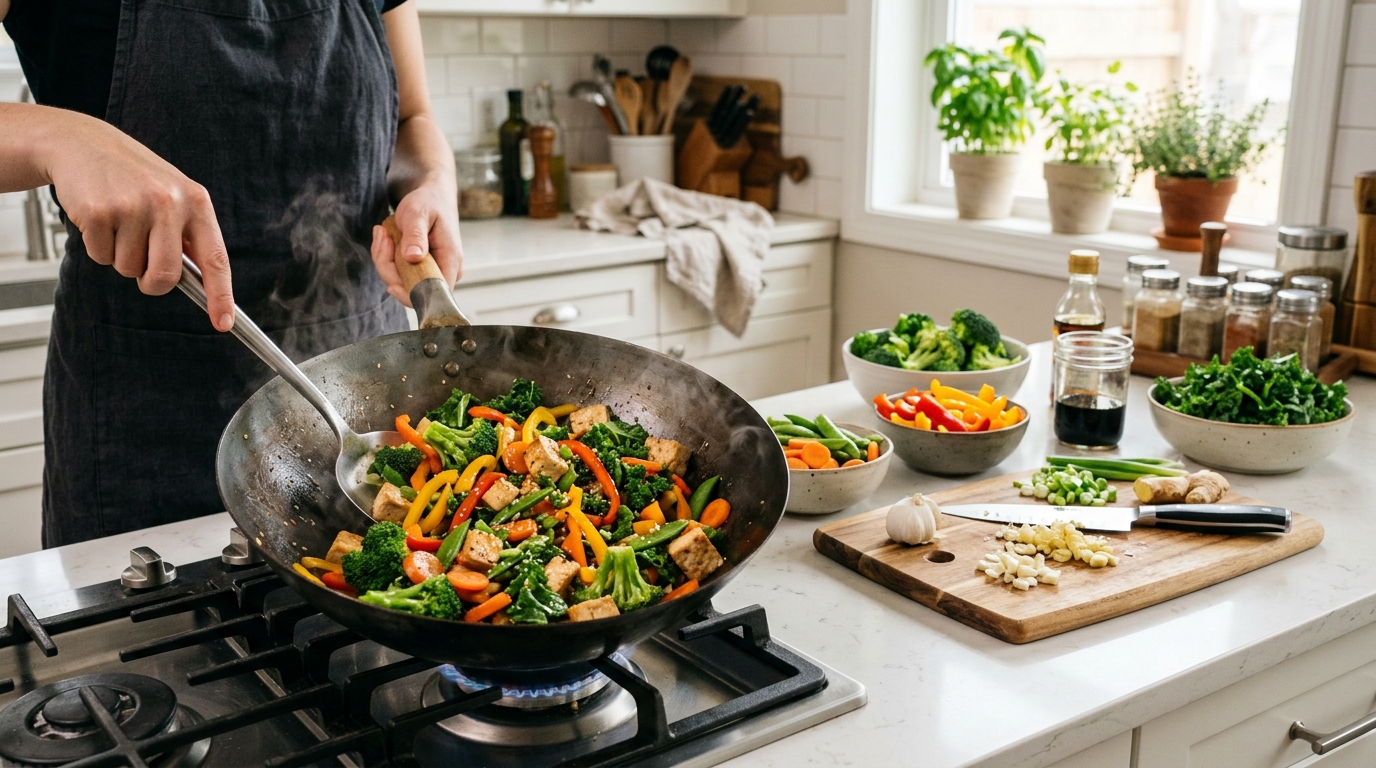 Healthy vegetable and tofu stir-fry cooking in a wok for fitness-focused meal prep.