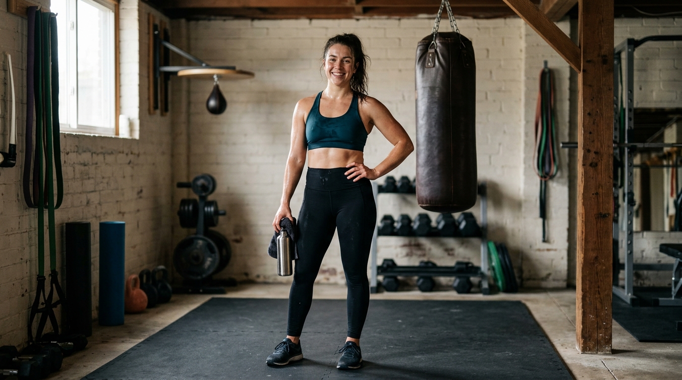 Woman standing confidently after finishing a home leg workout with a punching bag.