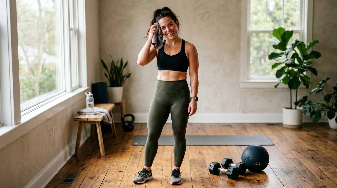 Woman standing confidently after finishing a home leg workout.