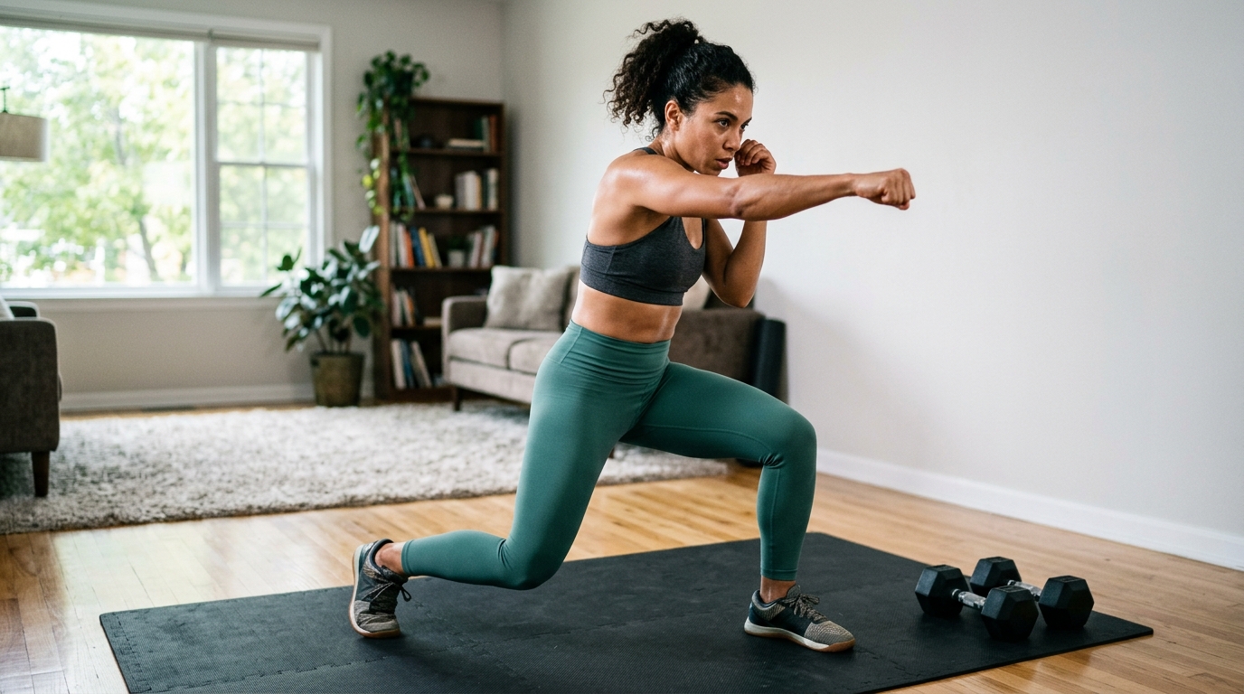 Woman combining boxing cardio and leg training in a home workout routine.