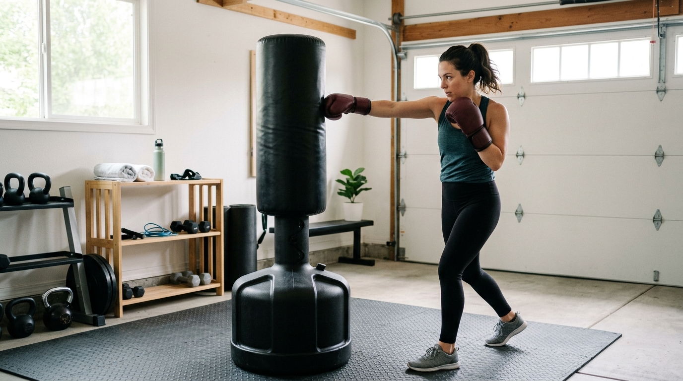 : Beginner woman practicing a home boxing workout with a heavy bag in a clean home workout space.