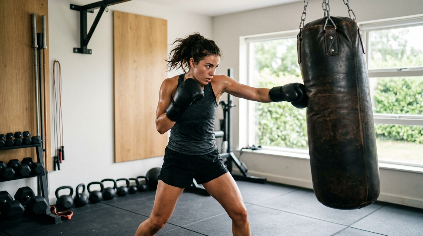 Woman practicing boxing punch combinations on a heavy bag during a home workout.