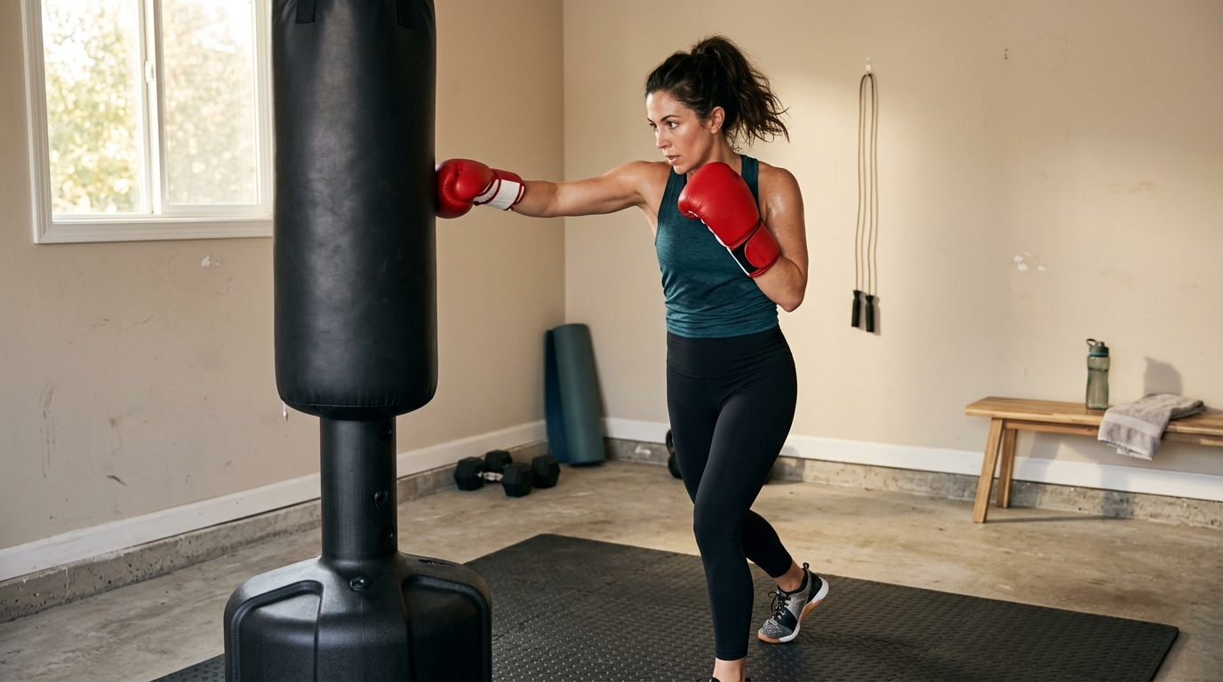 Woman doing a beginner heavy bag cardio boxing workout at home with gloves and wraps.