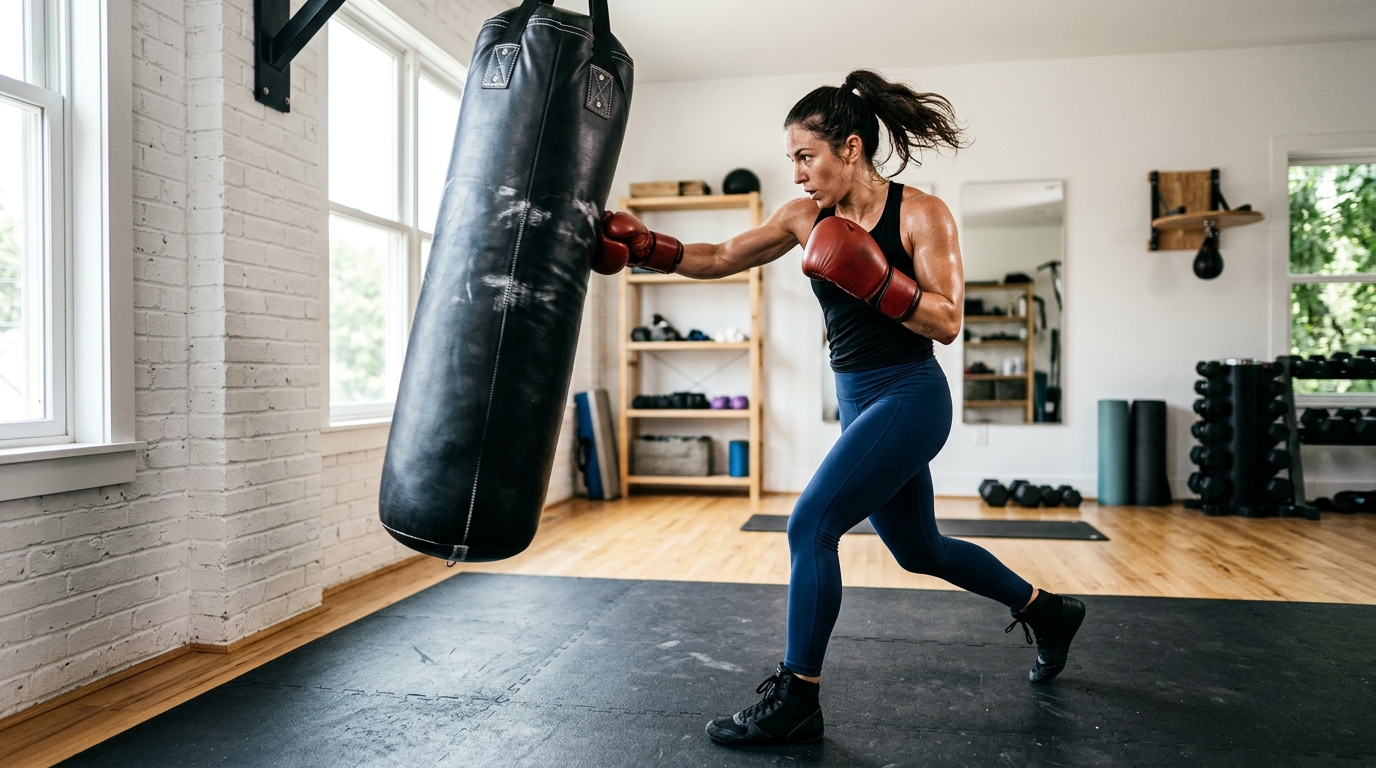 Woman doing a heavy bag boxing workout with strong footwork and lower-body stamina.