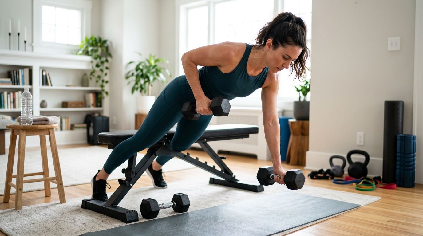 Woman doing a 20-minute at-home strength workout with dumbbells and bodyweight exercises.
