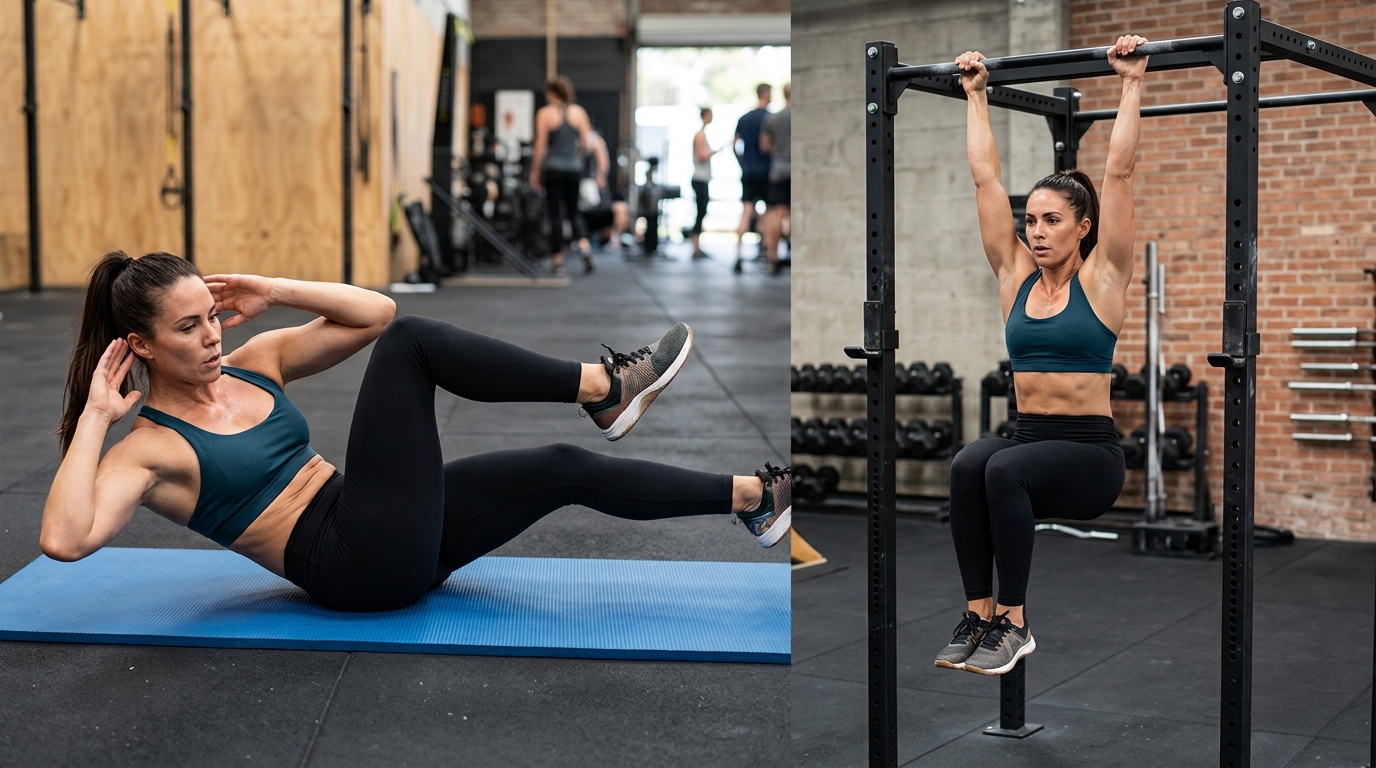 : Woman demonstrating bicycle crunches and hanging knee lifts for a home ab workout.
