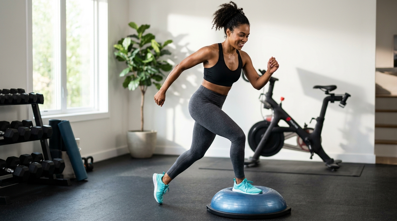Fit woman doing a Bosu crossover exercise at home to strengthen legs, glutes, and calves.