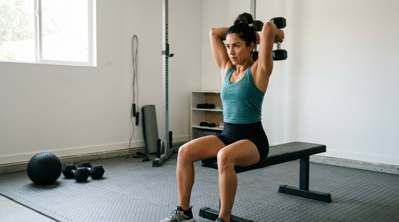 Woman doing an advanced arm workout at home with dumbbells, a slam ball, and a bench.