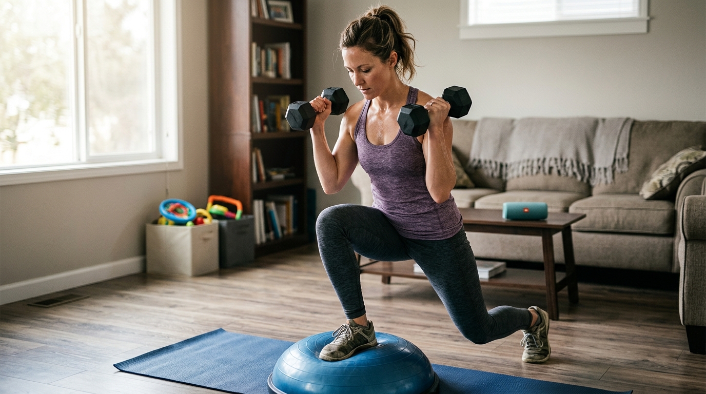 Woman doing a 15-minute home workout routine with dumbbells and a bosu.