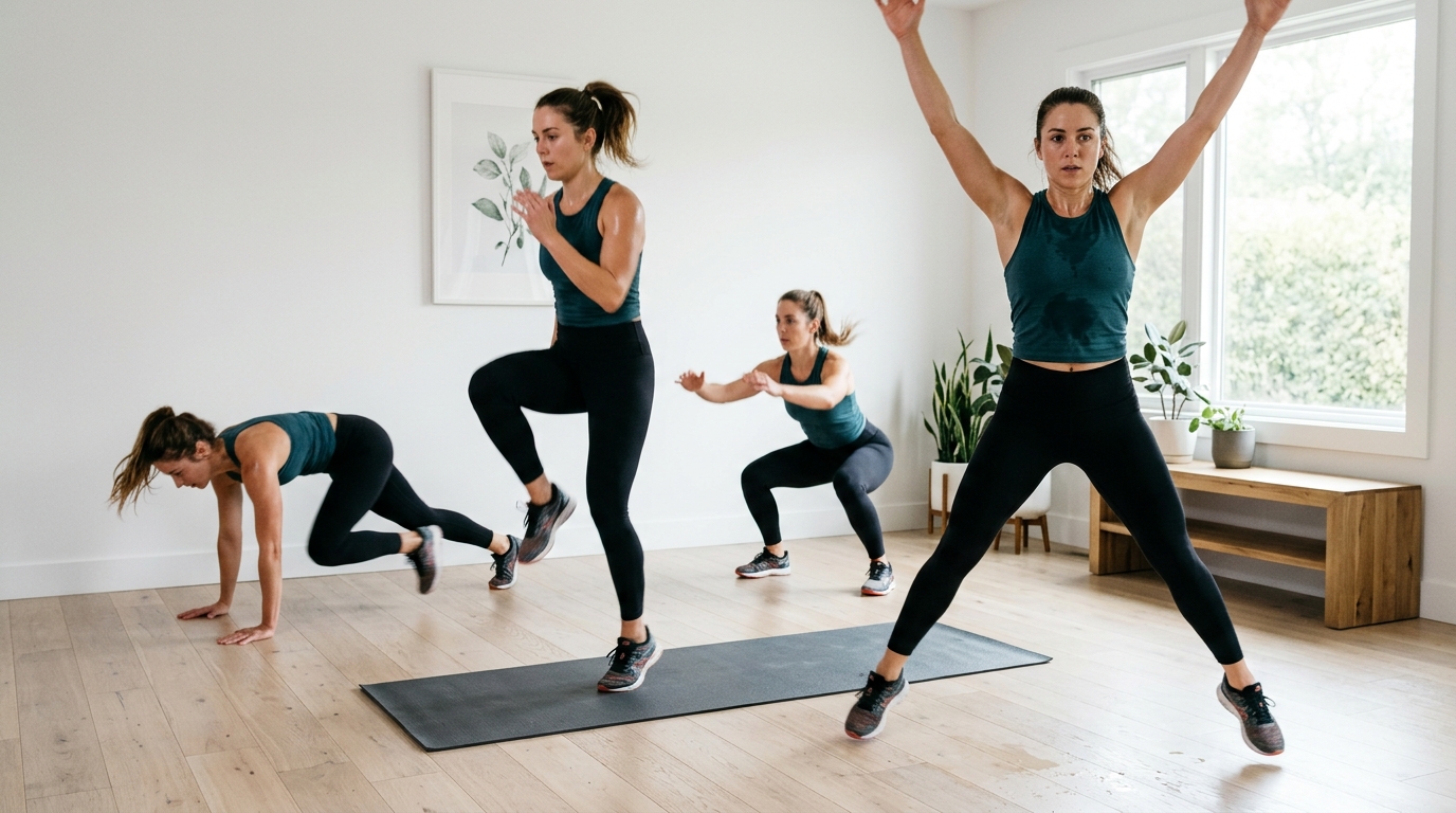 Woman doing a body weight workout circuit at home with squats, jumping jacks, and mountain climbers