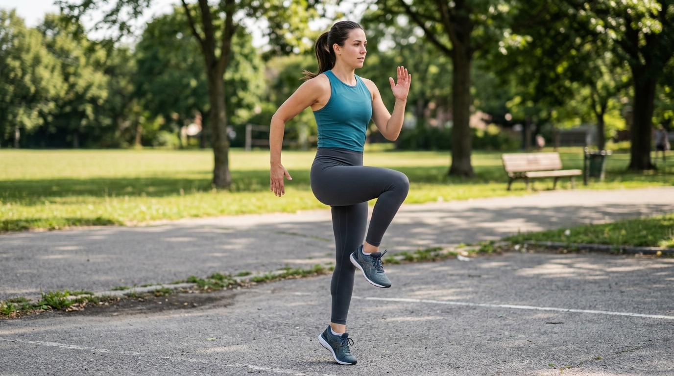 Woman doing a no-equipment bodyweight workout anywhere to burn fat.