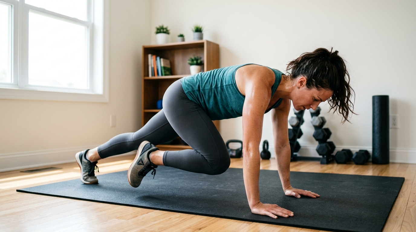Woman doing high knees and cardio exercises at home as part of an inner thigh workout finisher.