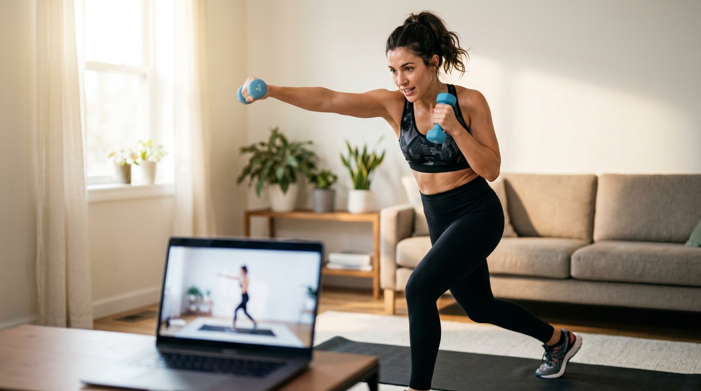 : Woman following a cardio boxing workout video at home with light dumbbells.