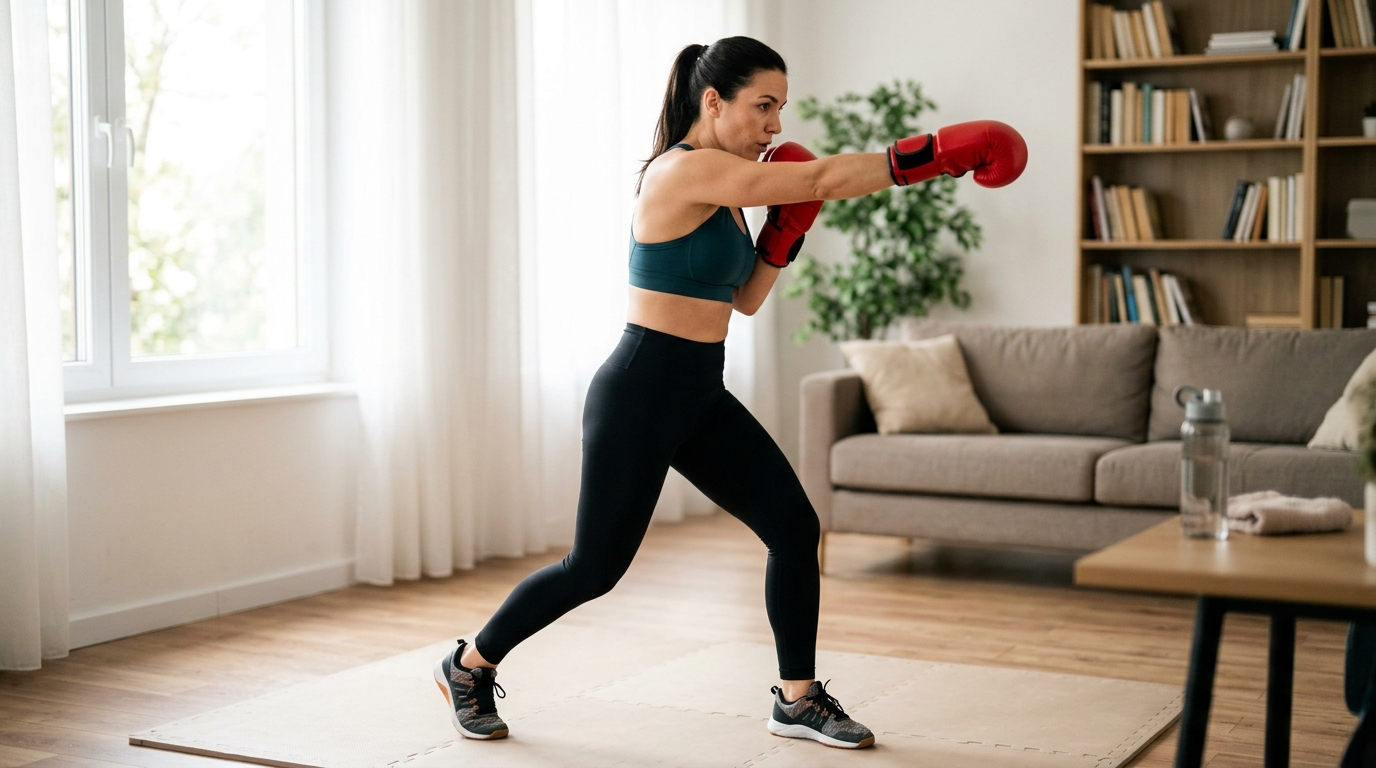 : Woman doing a 15 minute cardio punching workout at home with strong punches and active footwork