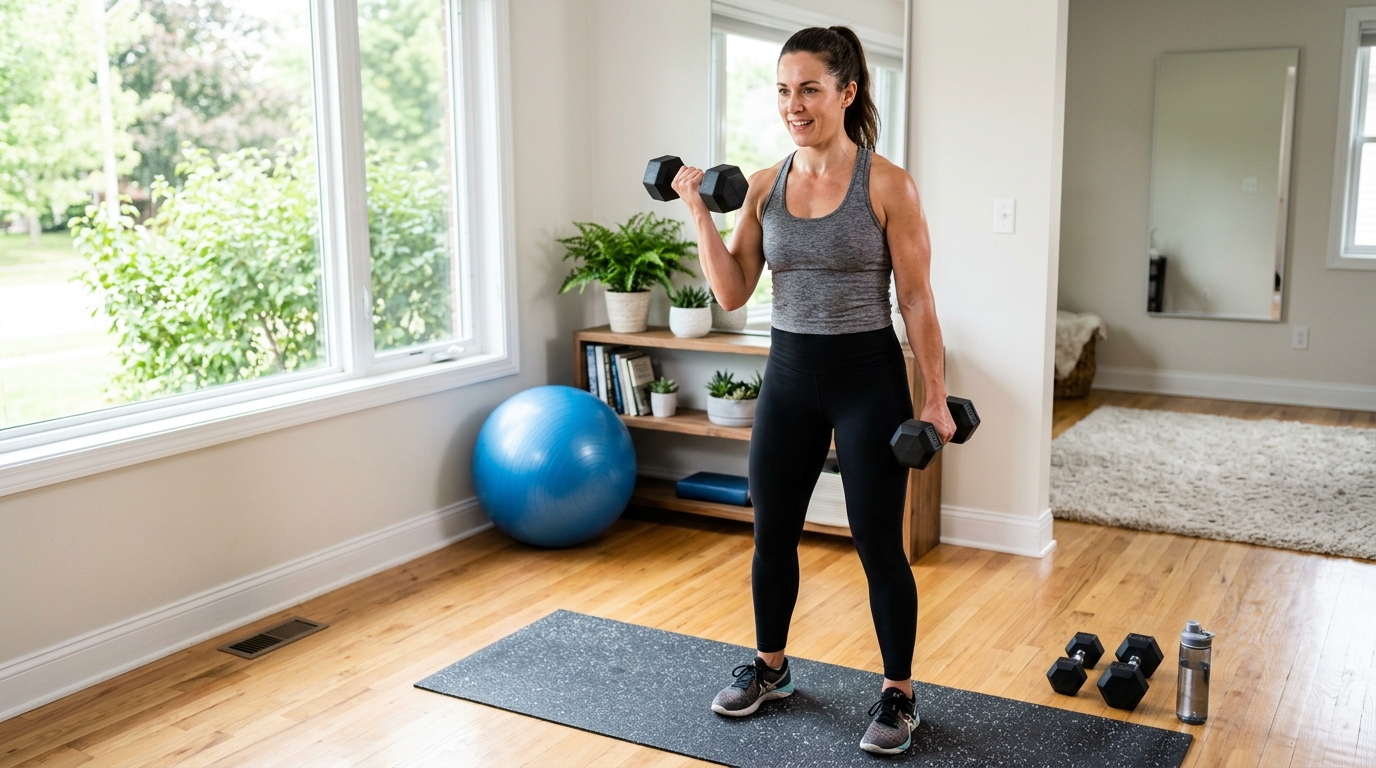 Woman doing an at-home dumbbell arm circuit to tone flabby arms.