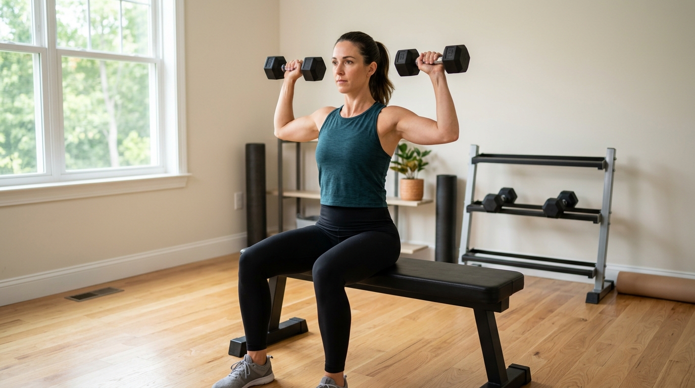 Woman doing dumbbell shoulder presses during a 10-minute back and shoulder workout at home.