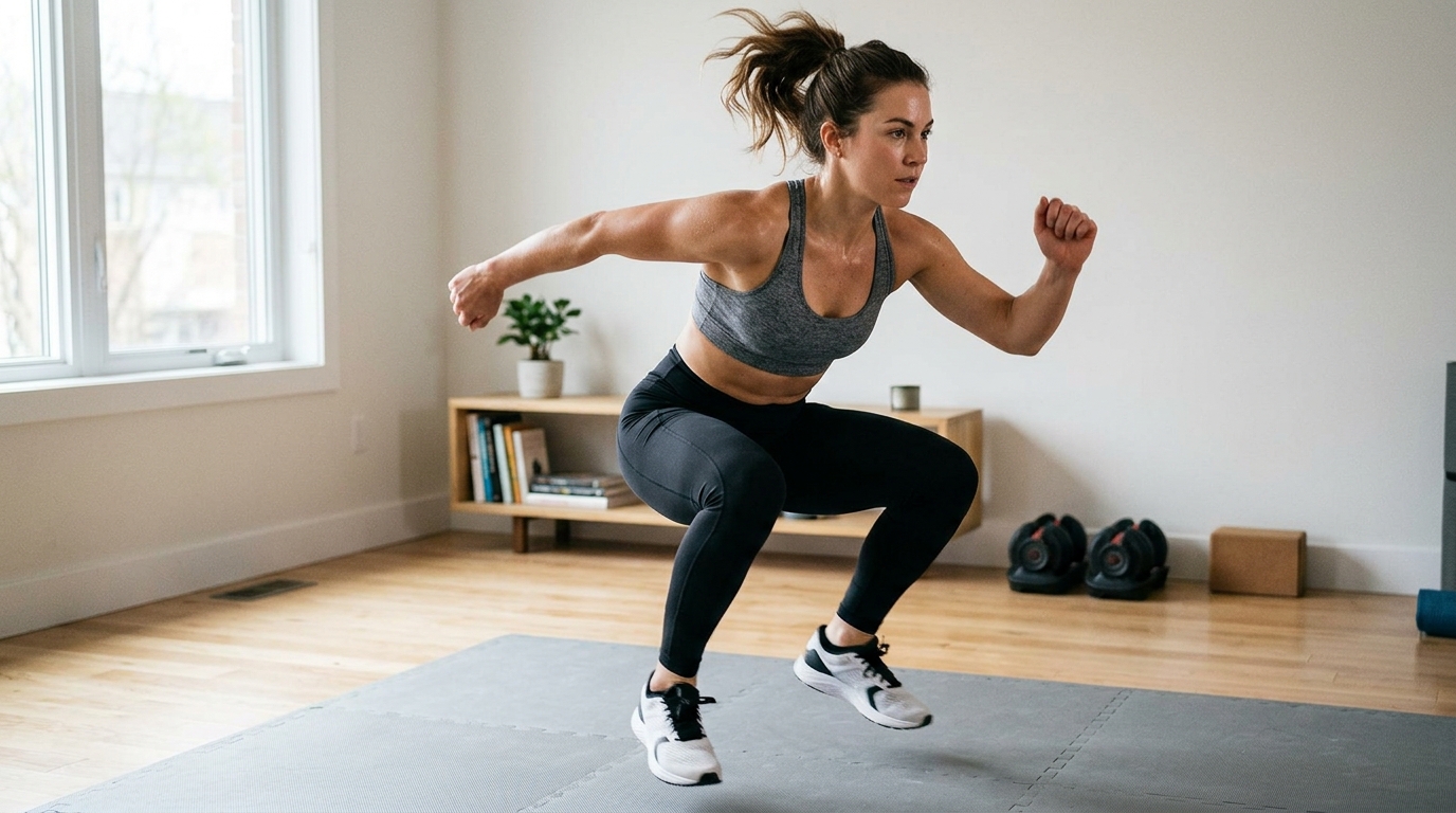 Woman doing explosive cardio moves at home during a boot camp workout.