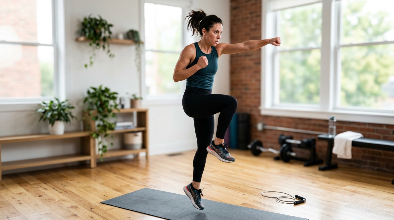 Woman doing a fast warm-up with jump rope, high knees, and boxing-inspired cardio exercises at home.