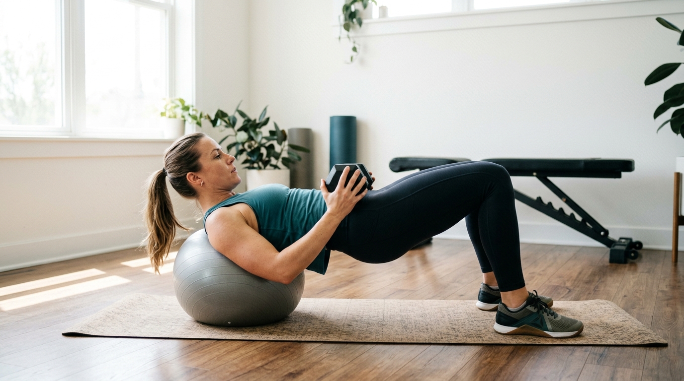 Woman doing glute bridges and leg lifts at home using a fitness ball and dumbbell.