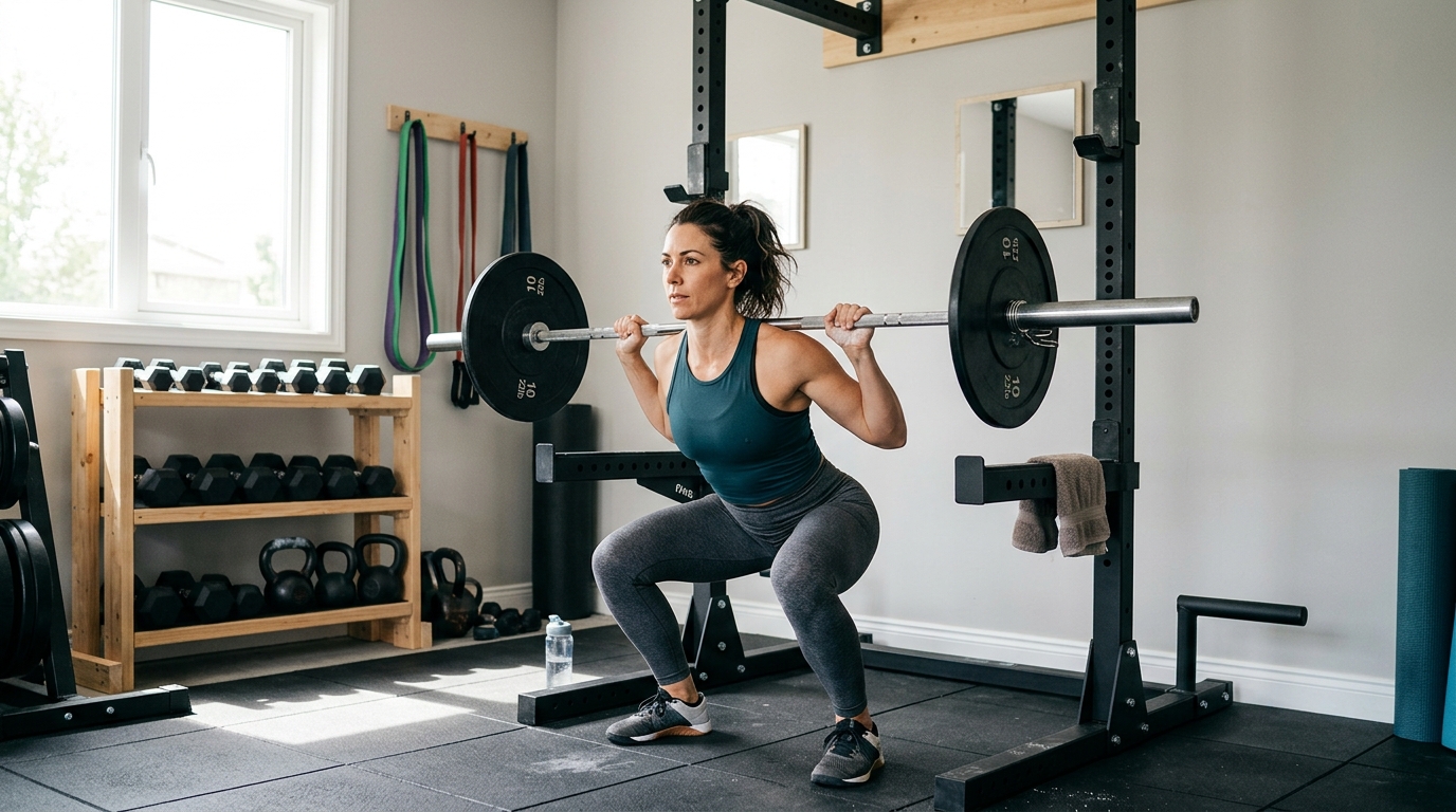 Woman performing squats before starting a lower-body circuit workout.