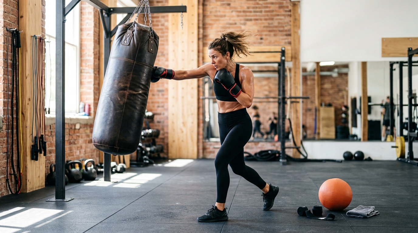 Woman doing heavy bag workout number one with gloves and slam ball nearby.