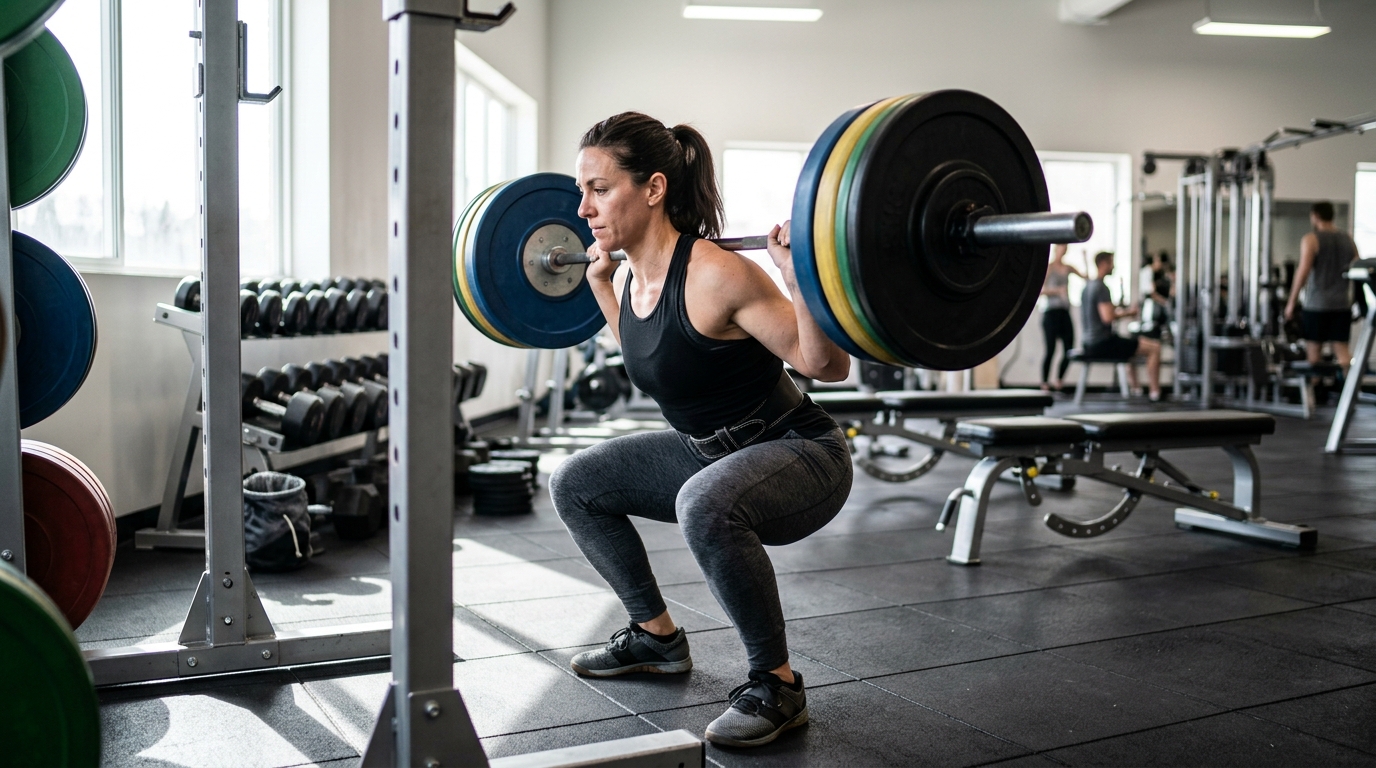 : Woman performing a squat workout to build muscular legs in a clean gym setting.