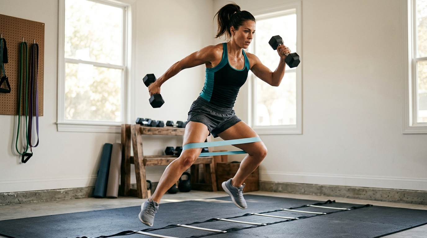 Woman doing a high-intensity interval workout at home with simple equipment.