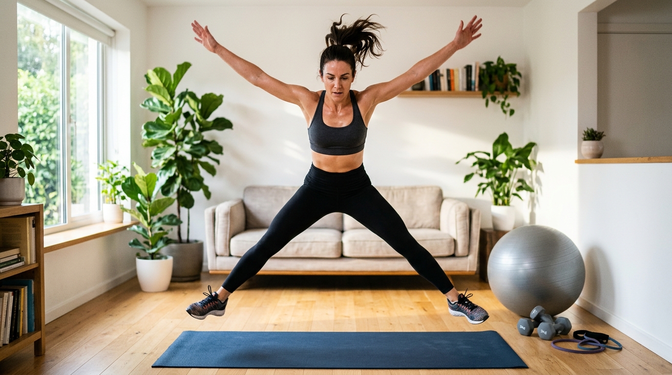 Woman doing hip lifts and star jumps during a home leg and booty workout.
