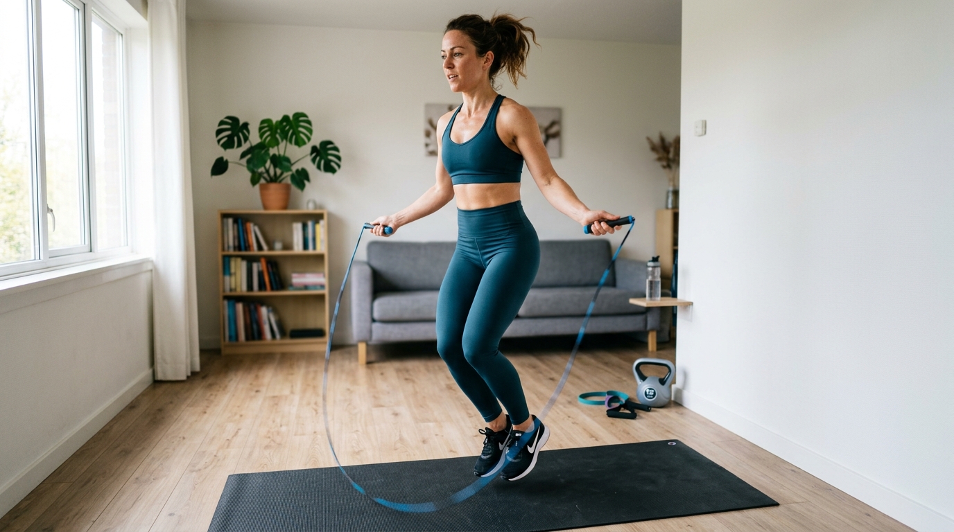 Woman doing stand-ups and jump rope during a home leg and booty workout circuit.