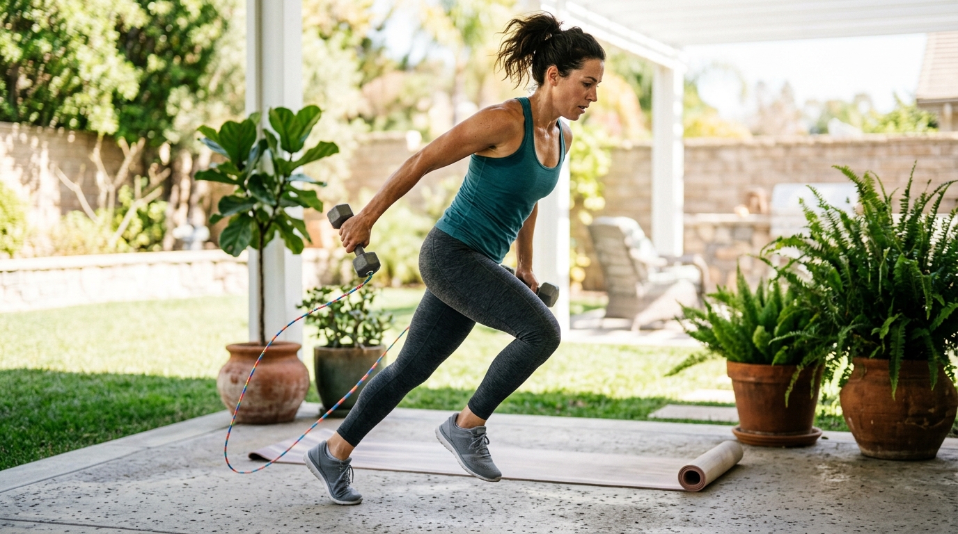 Woman following a home leg workout routine with jump rope, cardio, and leg training.