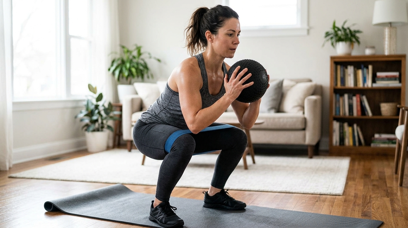 Woman doing a home leg workout with a resistance band and slam ball.