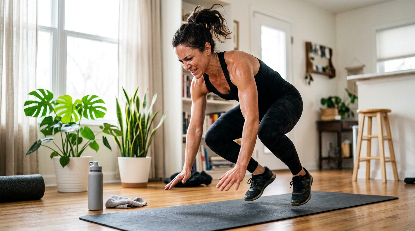 Woman doing burpees, high plank movement, and mountain climbers as an upper body bodyweight finisher.